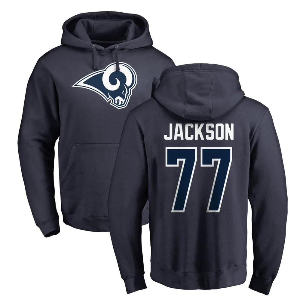 LA.Rams #77 Alaric Jackson Player Navy Pullover Hoodie Limited Game BALCE Stitched Jerseys