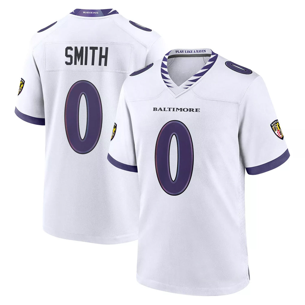 B.Ravens #0 Roquan Smith Player White Purple Home Game BALCE Stitched Jerseys