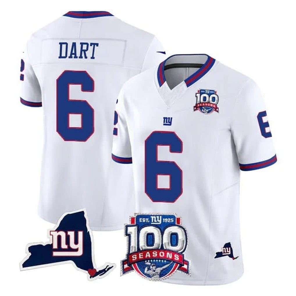 NY.Giants #6 Jaxson Dart Player White 100th Season & State Patch Vapor Limited Home Game BALCE Stitched Jerseys