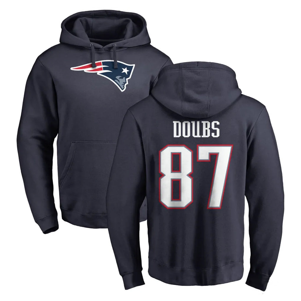 NE.Patriots #87 Romeo Doubs Player Navy LOGO Pullover Hoodies Home Game BALCE Stitched Jerseys