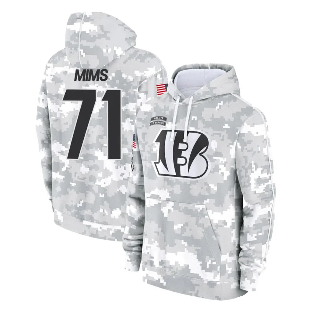C.Bengals #71 Amarius Mims Player Arctic Camo Salute to Service Pullover Hoodie Limited BALCE Stitched Jerseys