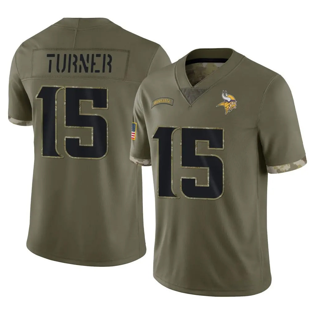 M.Vikings #15 Dallas Turner Player Olive Salute To Service Limited BALCE Stitched Jerseys