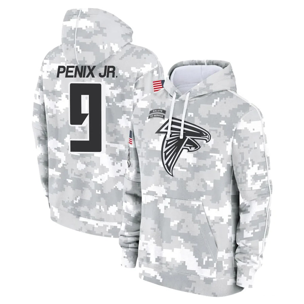 A.Falcons #9 Michael Penix Jr. Player Arctic Camo Salute to Service Limited Hoodie BALCE Stitched Jerseys