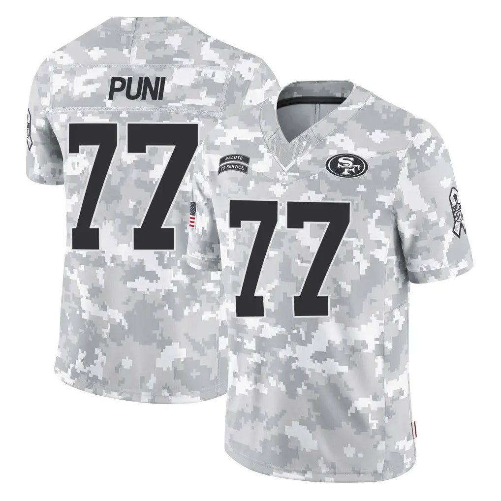 SF.49ers #77 Dominick Puni Player Arctic Camo Limited Salute To Service Home Game BALCE Stitched Jerseys