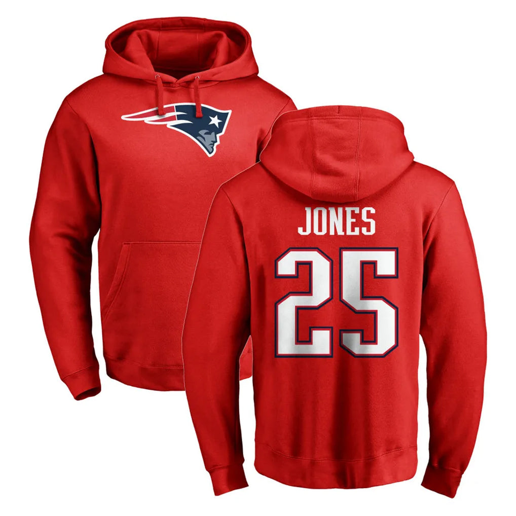 NE.Patriots #25 Marcus Jones Player Red LOGO Pullover Hoodies Home Game BALCE Stitched Jerseys