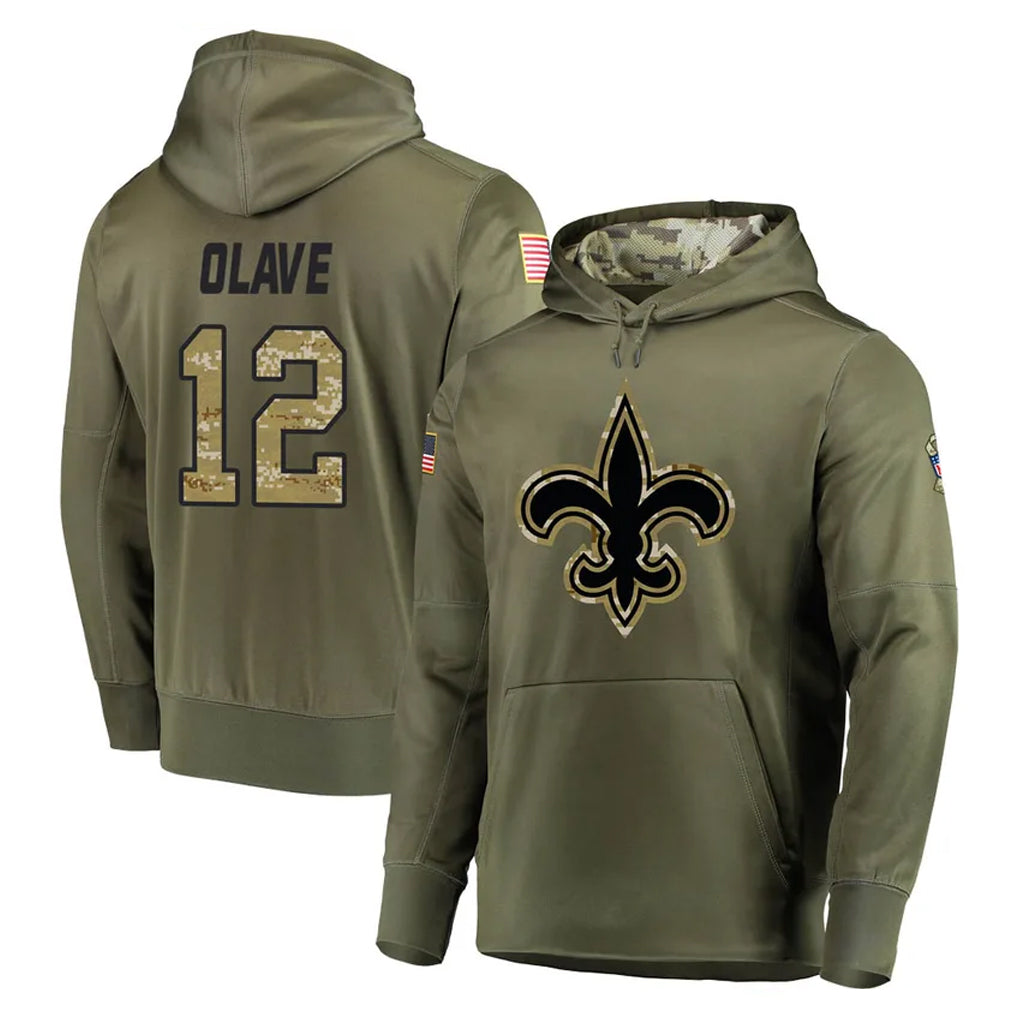 NO.Saints #12 Chris Olave Player Olive Salute to Service Pullover Hoodies Home Game BALCE Stitched Jerseys