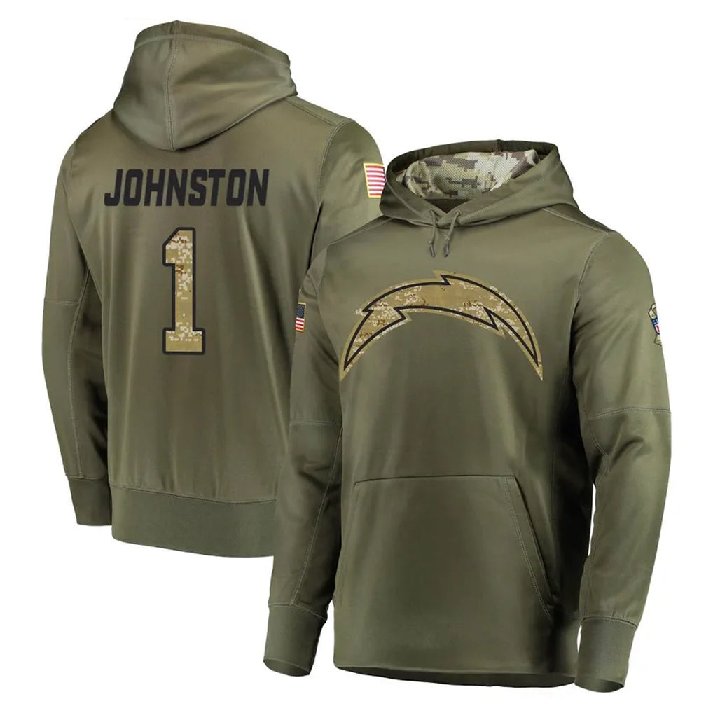 LA.Chargers #1 Quentin Johnston Player Olive Salute to Service Pullover Hoodies Home Game BALCE Stitched Jerseys