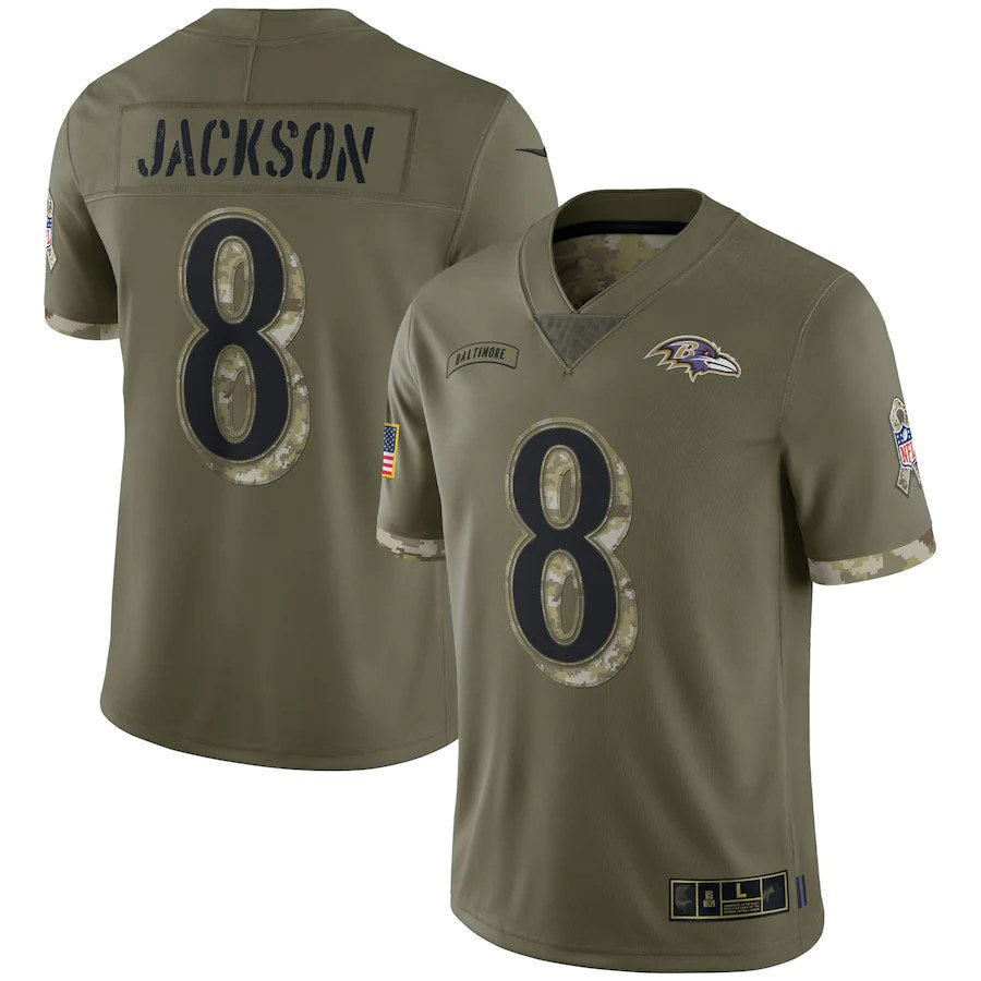 B.Ravens #8 Lamar Jackson Player Olive Salute To Service BALCE Stitched Jerseys