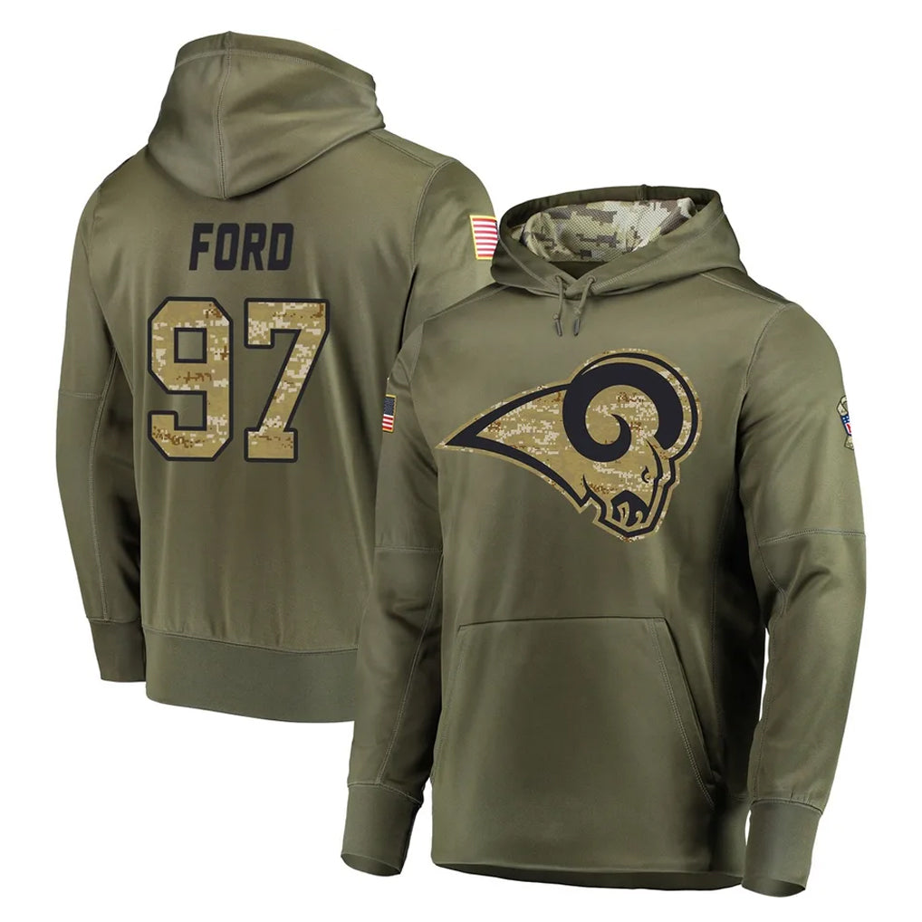 LA.Rams #97 Poona Ford Player Olive Salute to Service Pullover Hoodies Home Game BALCE Stitched Jerseys