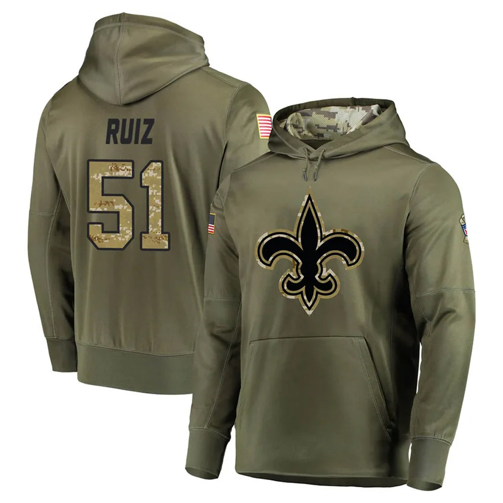 NO.Saints #51 Cesar Ruiz Player Olive Salute to Service Pullover Hoodies Home Game BALCE Stitched Jerseys
