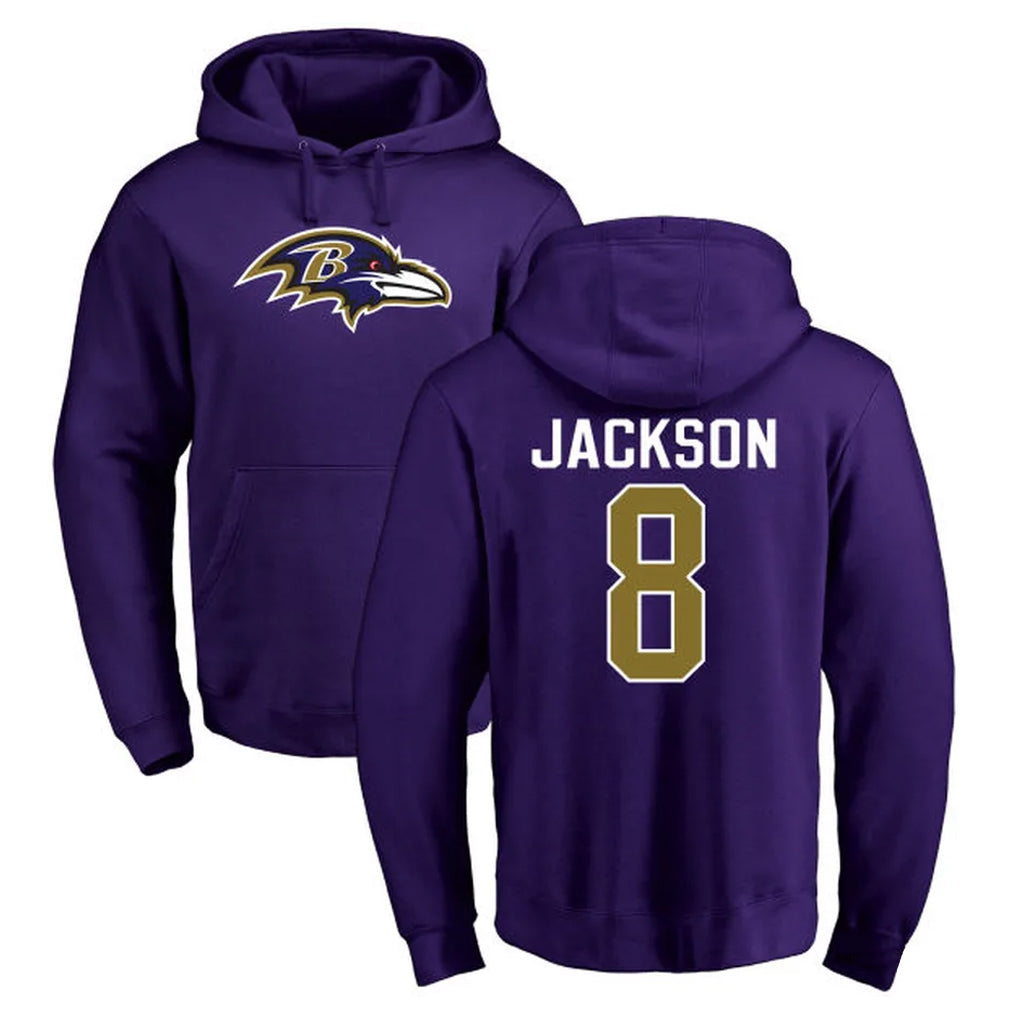 B.Ravens #8 Lamar Jackson Player Purple Salute to Service Pullover Hoodie BALCE Stitched Jerseys