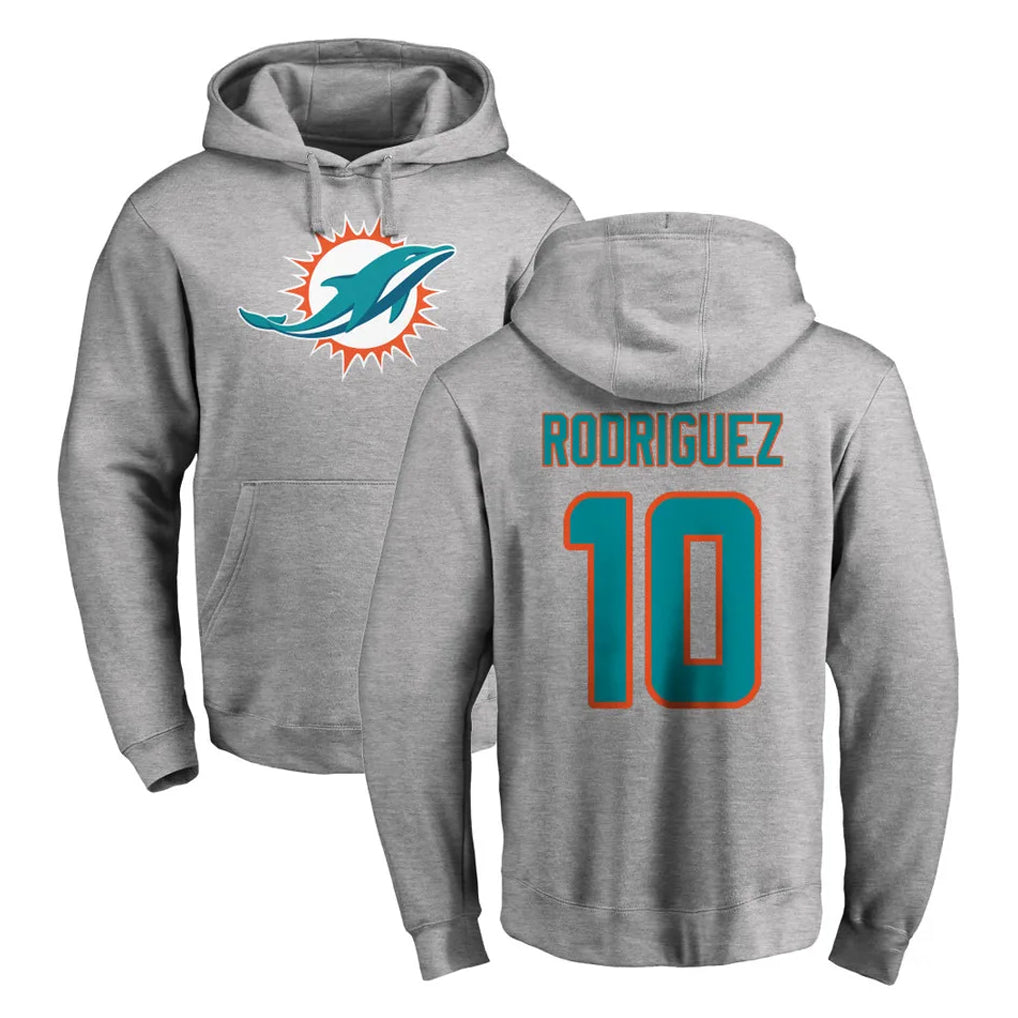 M.Dolphins #10 Jacob Rodriguez Player Gray LOGO Pullover Hoodies Limited BALCE Stitched Jerseys