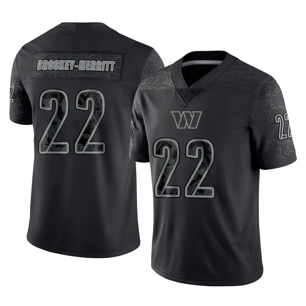 W.Commanders #22 Jacory Croskey-Merritt Player Black Limited Reflective Home Game BALCE Stitched Jerseys