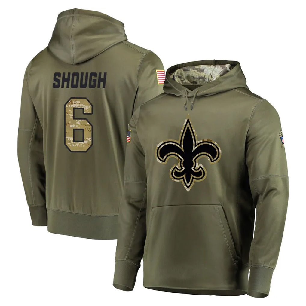 NO.Saints #6 Tyler Shough Player Olive Salute to Service Pullover Hoodies Home Game BALCE Stitched Jerseys