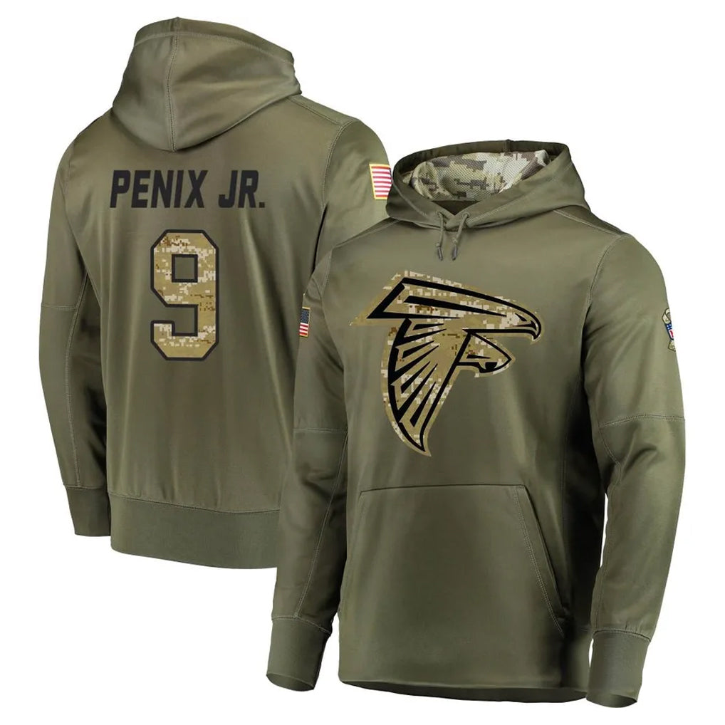 A.Falcons #9 Michael Penix Jr. Player Olive Salute to Service Club Fleece Hoodie BALCE Stitched Jerseys