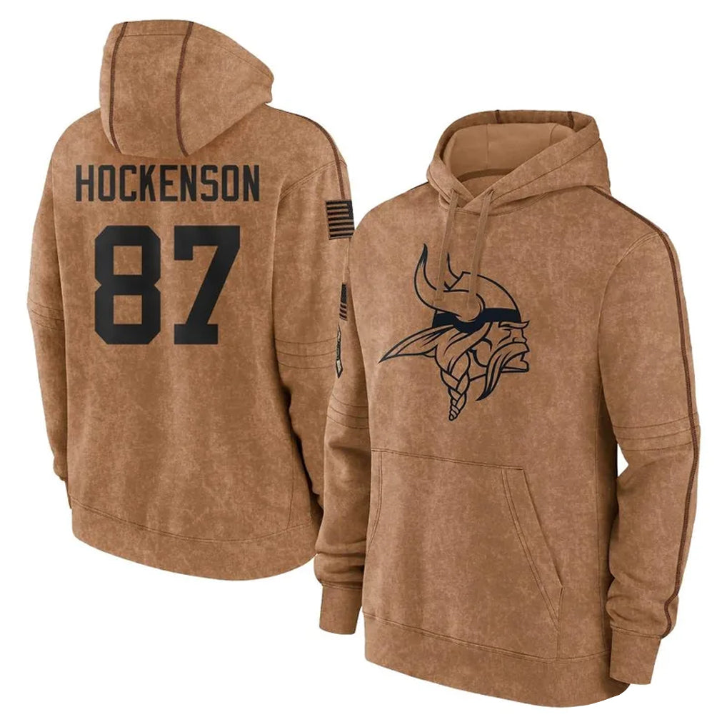 M.Vikings #87 T.J. Hockenson Player Brown Salute to Service Pullover Hoodies Limited Game BALCE Stitched Jerseys