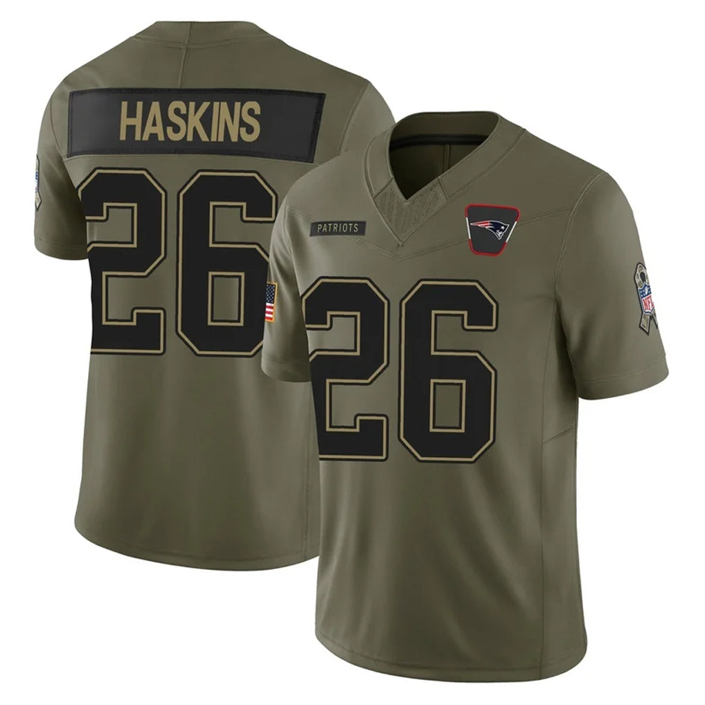 NE.Patriots #26 Hassan Haskins Player Olive 2025 Salute To Service Limited BALCE Stitched Jerseys