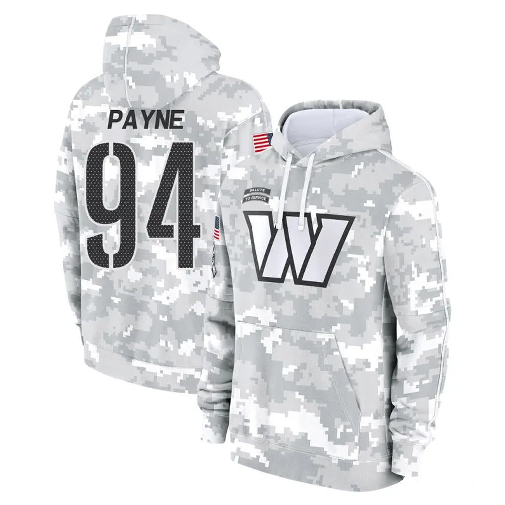 W.Commanders #94 Daron Payne Player Arctic Camo Limited Salute to Service Pullover Hoodies Game BALCE Stitched Jerseys