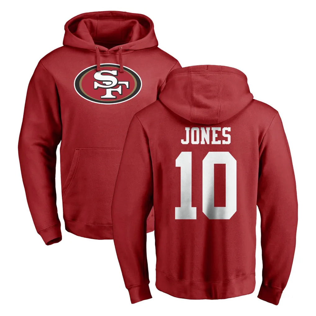SF.49ers #10 Mac Jones Player Red LOGO Pullover Hoodies Home Game BALCE Stitched Jerseys