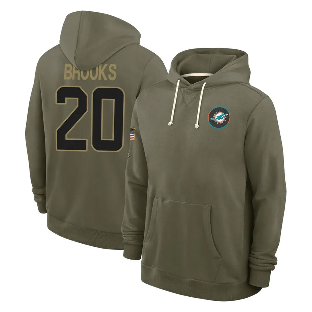 M.Dolphins #20 Jordyn Brooks Player Olive Salute to Service Pullover Hoodies Limited BALCE Stitched Jerseys