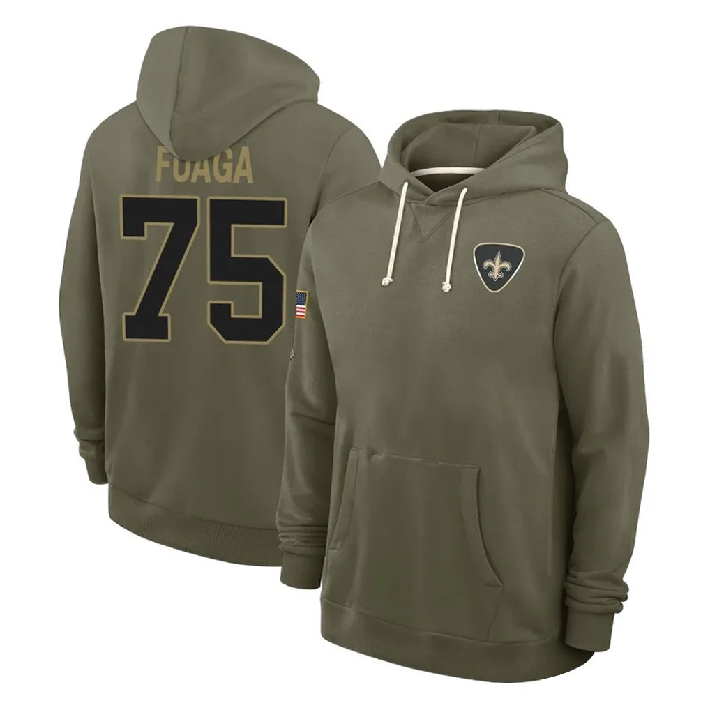 NO.Saints #75 Taliese Fuaga Player Olive Salute to Service Pullover Hoodies Limited BALCE Stitched Jerseys