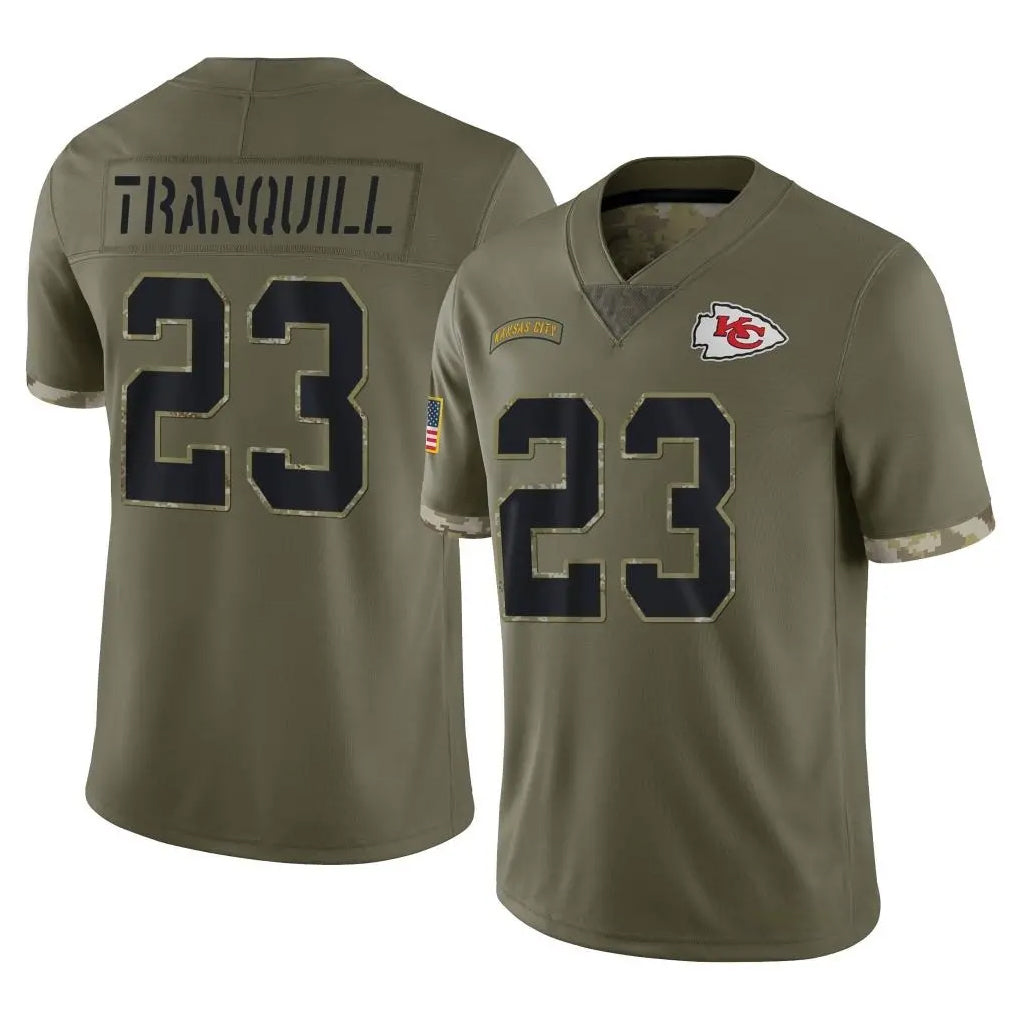 KC.Chiefs #23 Drue Tranquill Player Olive Salute To Service Limited BALCE Stitched Jerseys