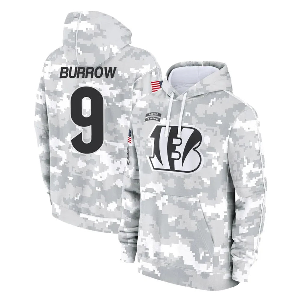C.Bengals #9 Joe Burrow Player Arctic Camo Salute to Service Pullover Hoodie Limited BALCE Stitched Jerseys