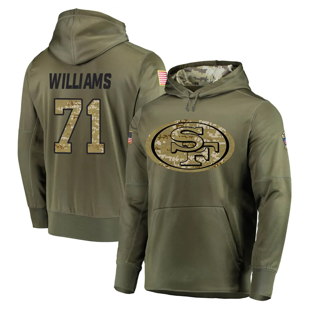 SF.49ers #71 Trent Williams Player Olive Salute to Service Pullover Hoodie Home Game BALCE Stitched Jerseys