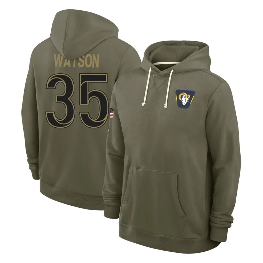 LA.Rams #35 Jaylen Watson Player Olive Salute to Service Pullover Hoodies Limited BALCE Stitched Jerseys