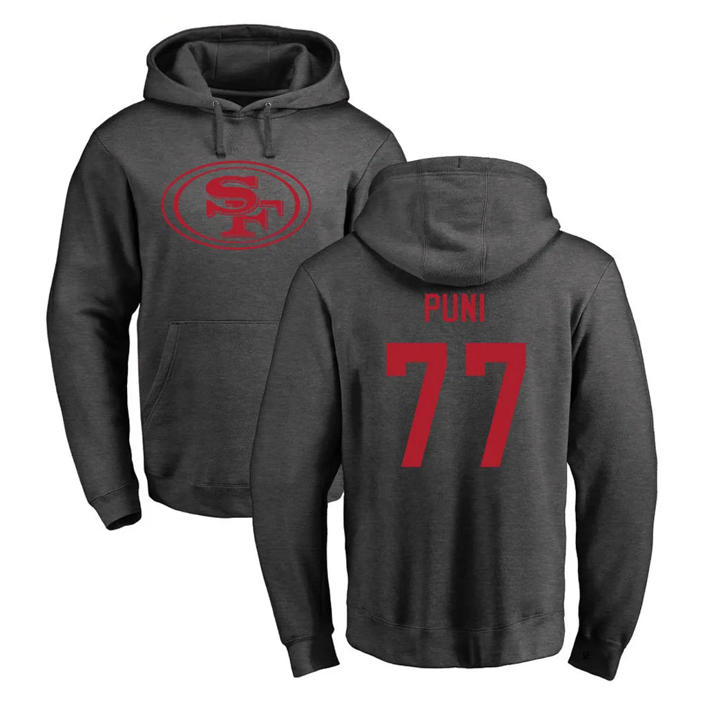 SF.49ers #77 Dominick Puni Player Anthracite Pullover Hoodies Home Game BALCE Stitched Jerseys