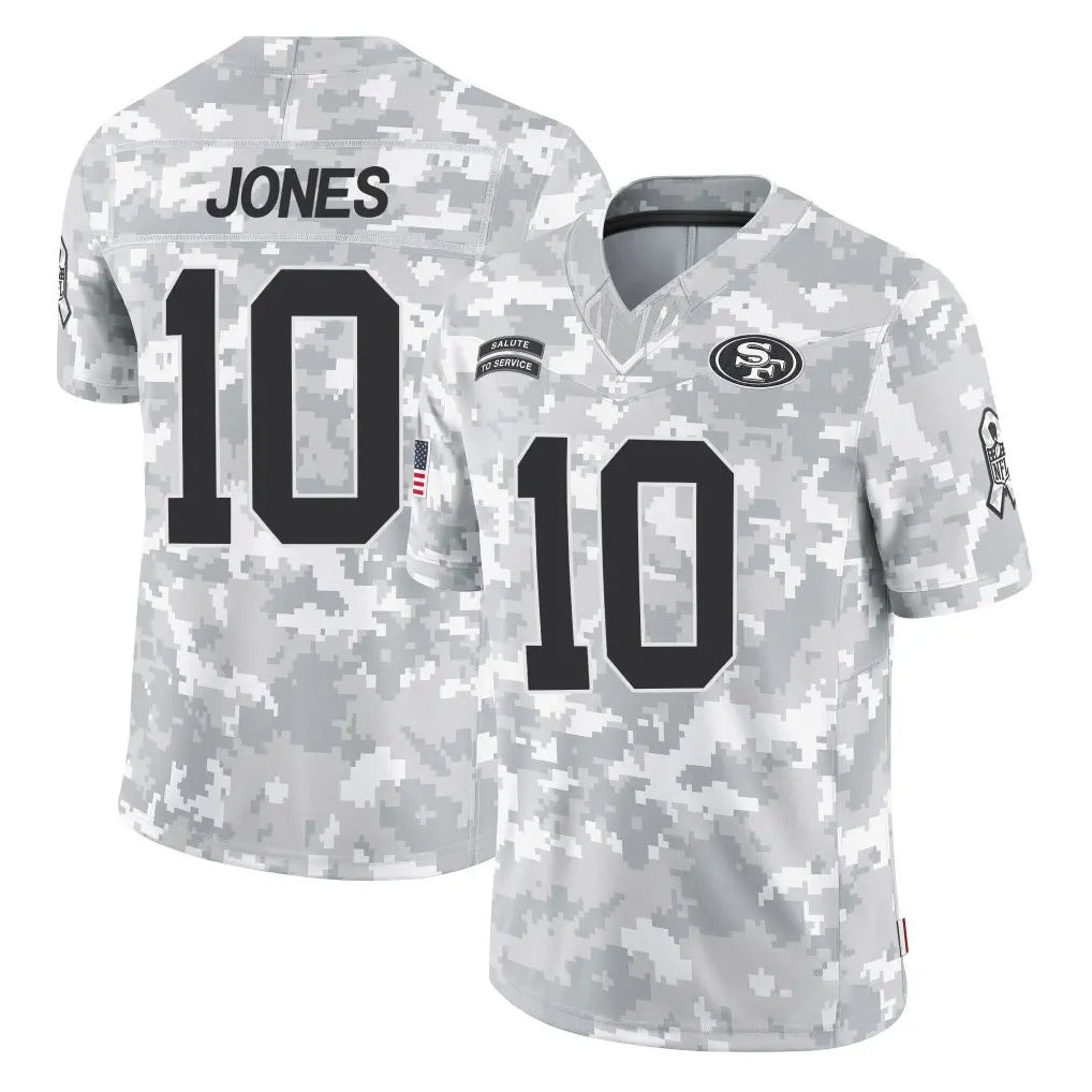 SF.49ers #10 Mac Jones Player Arctic Camo Limited Salute To Service Home Game BALCE Stitched Jerseys
