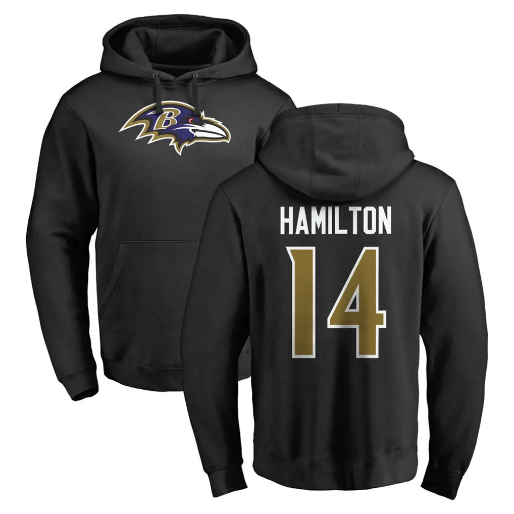 B.Ravens #14 Kyle Hamilton Player Black Pullover Hoodie BALCE Stitched Jerseys