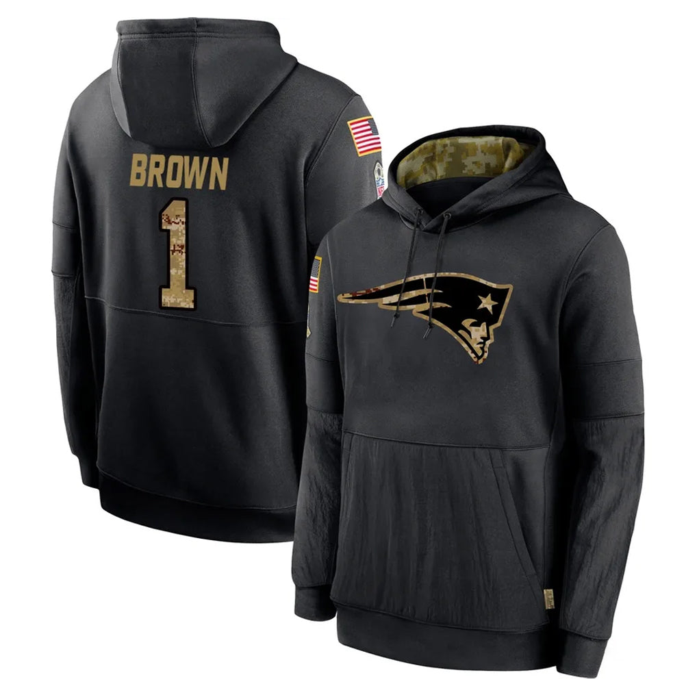 NE.Patriots #1 A.J. Brown Player Black Salute to Service Hoodies Limited Game BALCE Stitched Jerseys